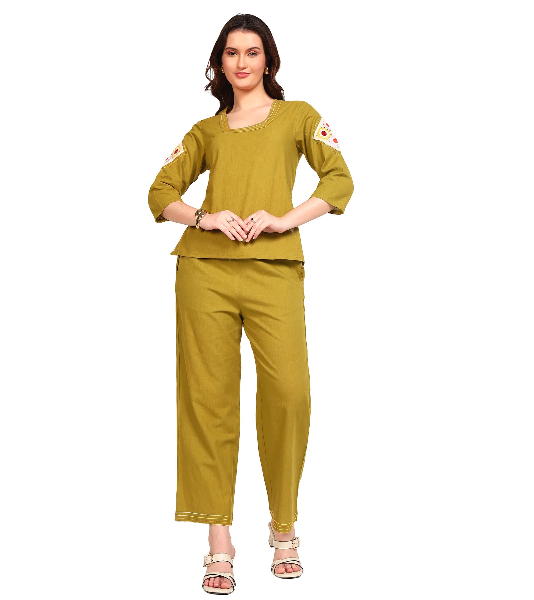 deebaco Solid Cotton Embroidered Patch Work Top With Pants Co-Ord Set For Women's|Square Neck Half Sleeves Regular Fit Stylish Summer Western Casual Wear Ladies Trendy Cord Set-picture-50