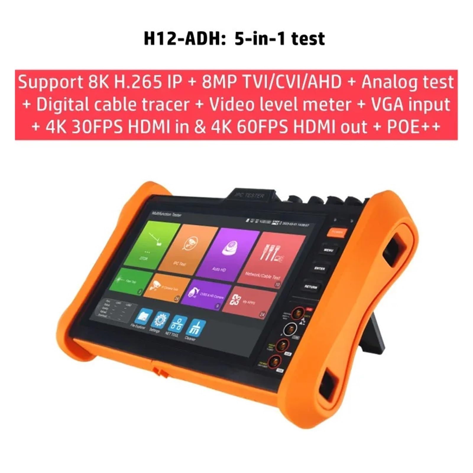 Tester CCTV, 8 "Tester Kamery IP H.265 8K Tester CCTV SFP PoE ++ AHD TVI CVI Test Sieci Światłowodowej Tester Kabla VGA Tester(H12-ADH)