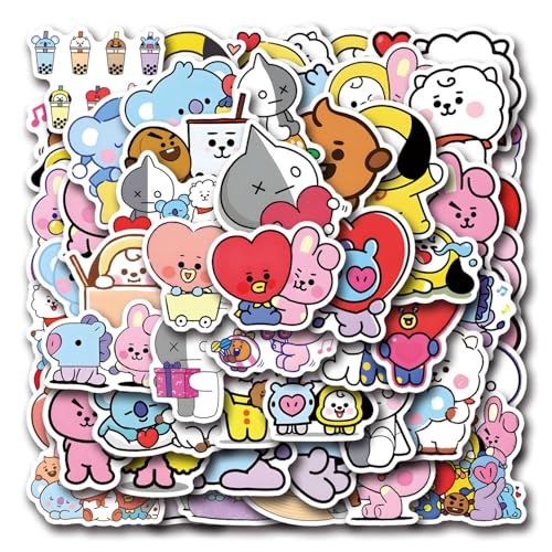 55 peças de adesivos BT21 para garrafa de água, vinil impermeável BT21 adesivos para laptop, para-choque, skate, garrafas de água, computador, telefone, adesivo para crianças, adolescentes e adultos