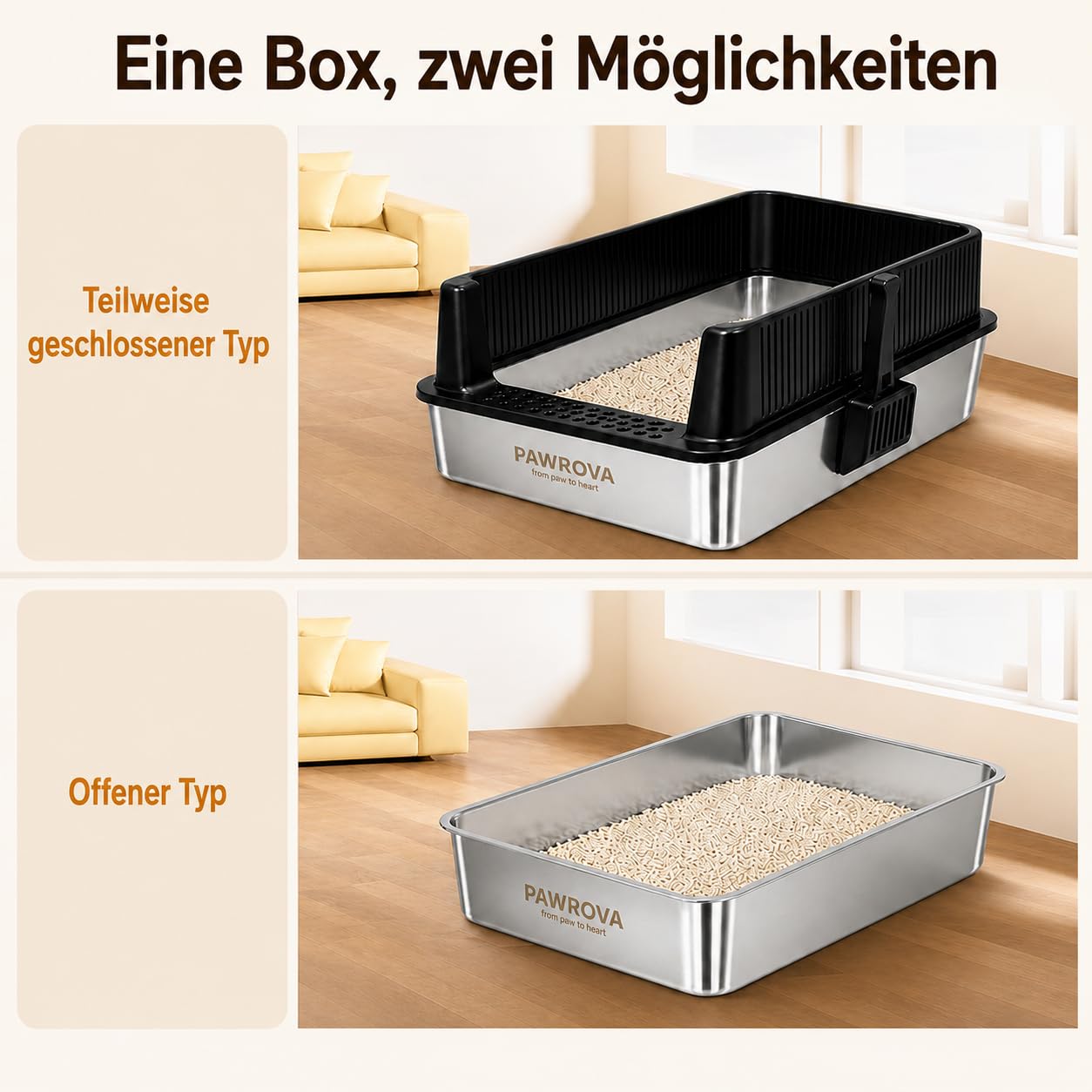 Katzenklo aus V2A Edelstahl, XL Katzentoilette mit hohen Seiten