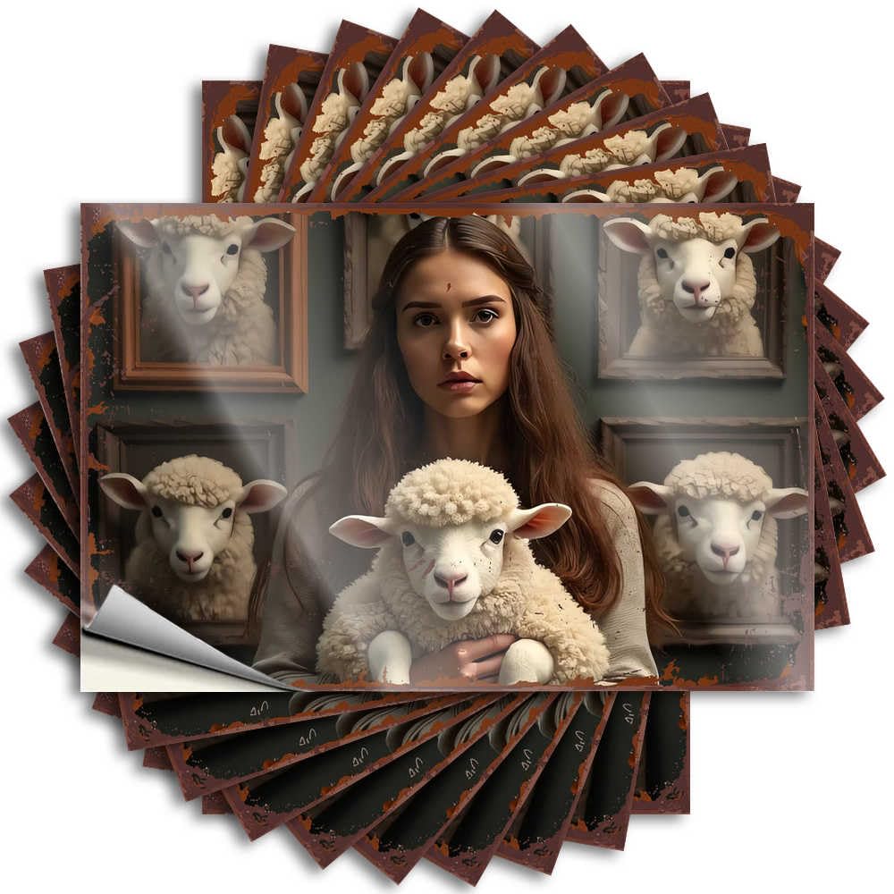 Porch Decorations Outdoor Core Sticker - A Girl with Sheep: Whimsical Portraits Removable Decal Wall Easy Peel for Motorcross(12X18CM)