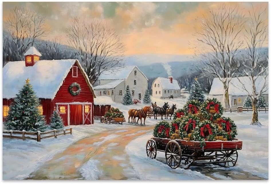 Yesad Christmas Canvas Wall Art, Rustic Wall Decor, Winter Picture Painting Artwork, Christmas Decorations for Living Room, Bedroom, Farmhouse (Unframed,36”x24”, House) 36"L x 24"W House