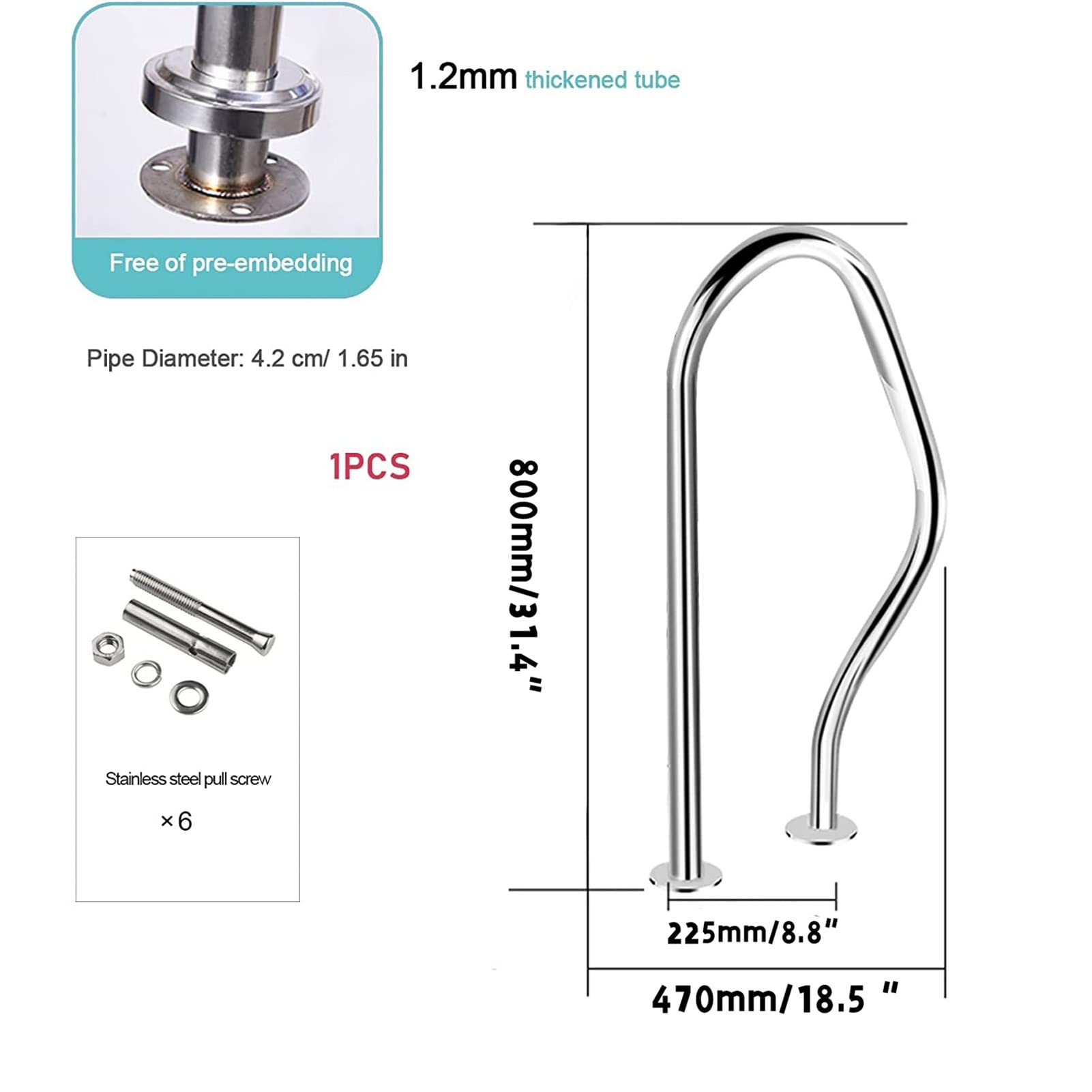 Sturdy Pool Safety Handrails Swimming Pool Hand Rail, Stainless Steel 3-Bend Pool Stair Rail 1MM Thickened Perfect Handle Pool Grab Ladder (Silver) (Size : 2Pcs)