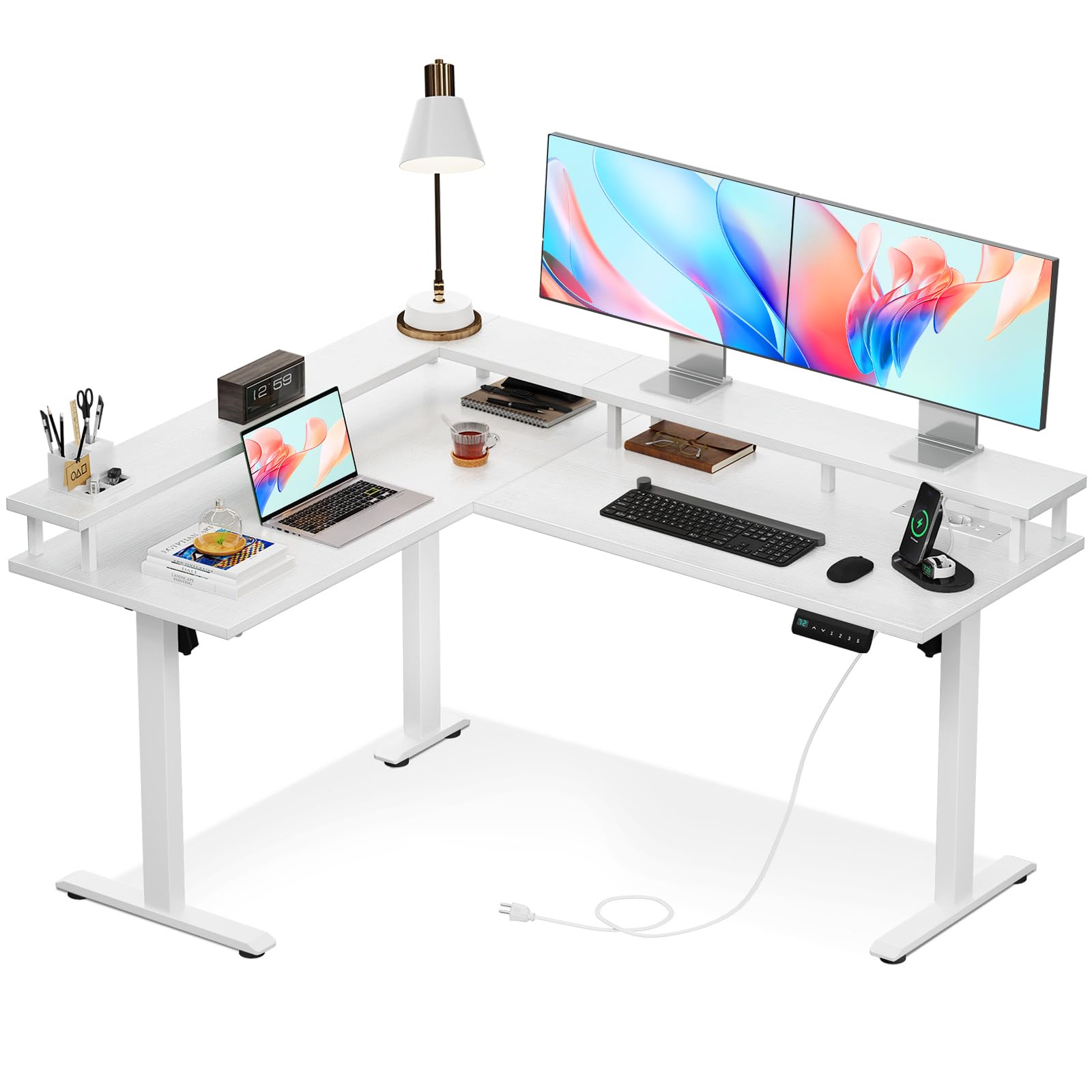 Offigo Escritorio Regulable en Altura, 150x120cm Escritorio de Esquina en Forma de L Reversible con 2 Puertos USB y 2 Tomas de Corriente,Escritorio elevable, Blanco