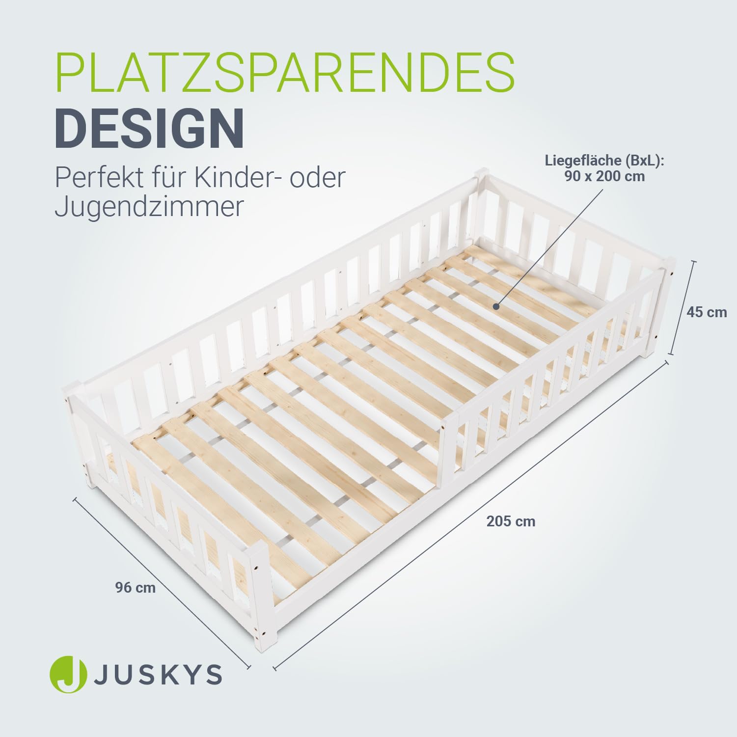 Juskys Kinderbett Naya - 90x200 cm Bett mit Matratze, Rausfallschutz & Lattenrost - Holz Bodenbett für Kinder 3-10 Jahre - Bettgestell Weiß