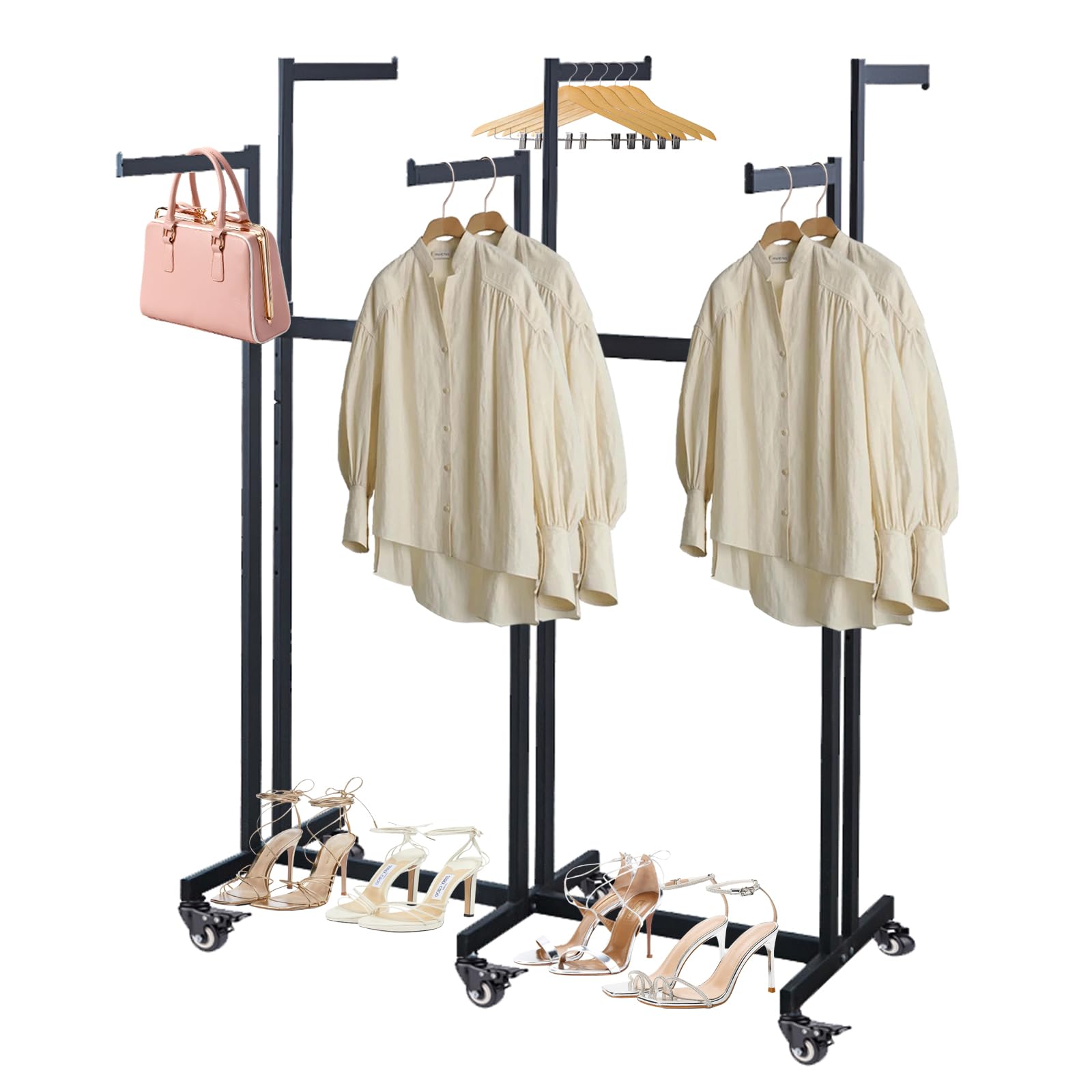Takpylia Heavy Duty 6 Arms Clothing Rack, Floor Standing Metal Garment Rack with wheels, Adjustable Height Arms from 46