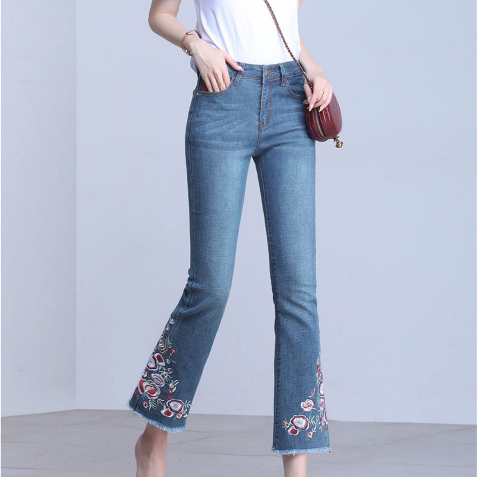 Women Floral Embroidered Skinny Flare Ankle Jeans High Waist Bell Bottom Denim Pants Washed Destroyed Raw Hem Jean (Blue,32)