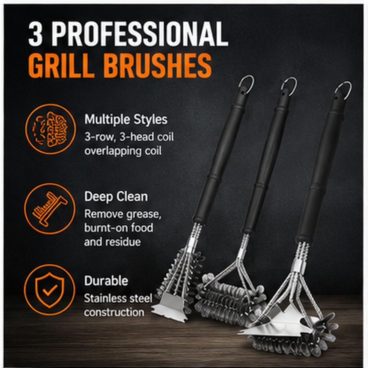 3 Stück BBQ Grillbürste für Weber Traveler 22 2024 2025 2026+ | 3-Kopf-Spiral-Grillbürste mit Schaber Grillbürste mit überlappendem Spiraldesign |3-reihige Grillbürste mit Schaber Edelstahl