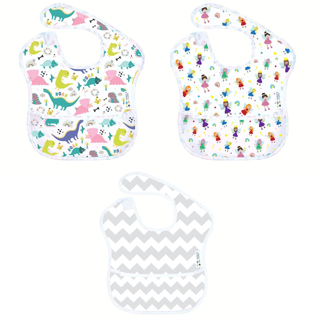 Tiddlers & Nippers 3X (Fairies / Chevrons / Dinos) Tiddler Easy-Bib | For 6-36 Months | Waterproof & Wipe Clean | Integrated Spill Catch Pocket & Easy-Fit Adjustable Fasten | Lightweight & Machine Washable (3X (Fairies/Chevrons/Dinos))