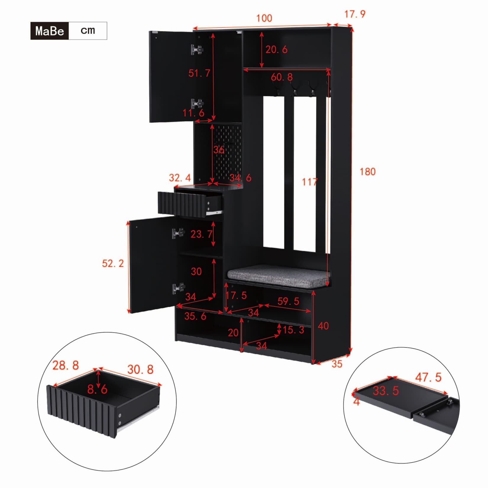 PUGSDRLY Meuble D'entrée,Porte Manteau avec Banc et Rangement Chaussure,4 Crochets,Étagère Ouverte,Armoire,Tiroirs,Vestiaire D'entrée pour CouloirChambre(D-Noir)