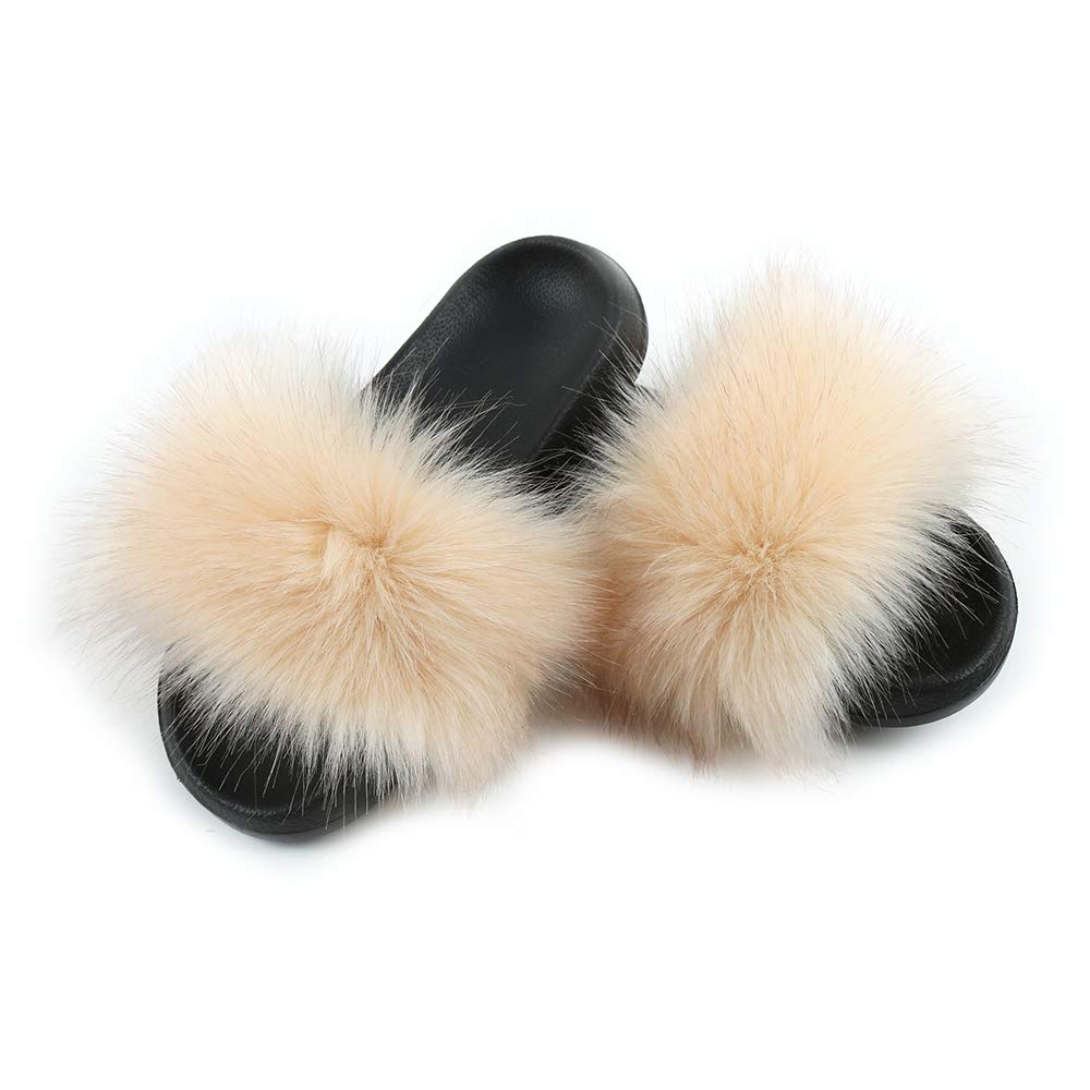 Hiser Women Fluffy Faux Fur Slipper Sliders, Ladies Furry Open Toe House Slippers Cozy Comfy Non Slip Sliders for Walking Indoor Outdoor (Nude,UK6.5-7/270)
