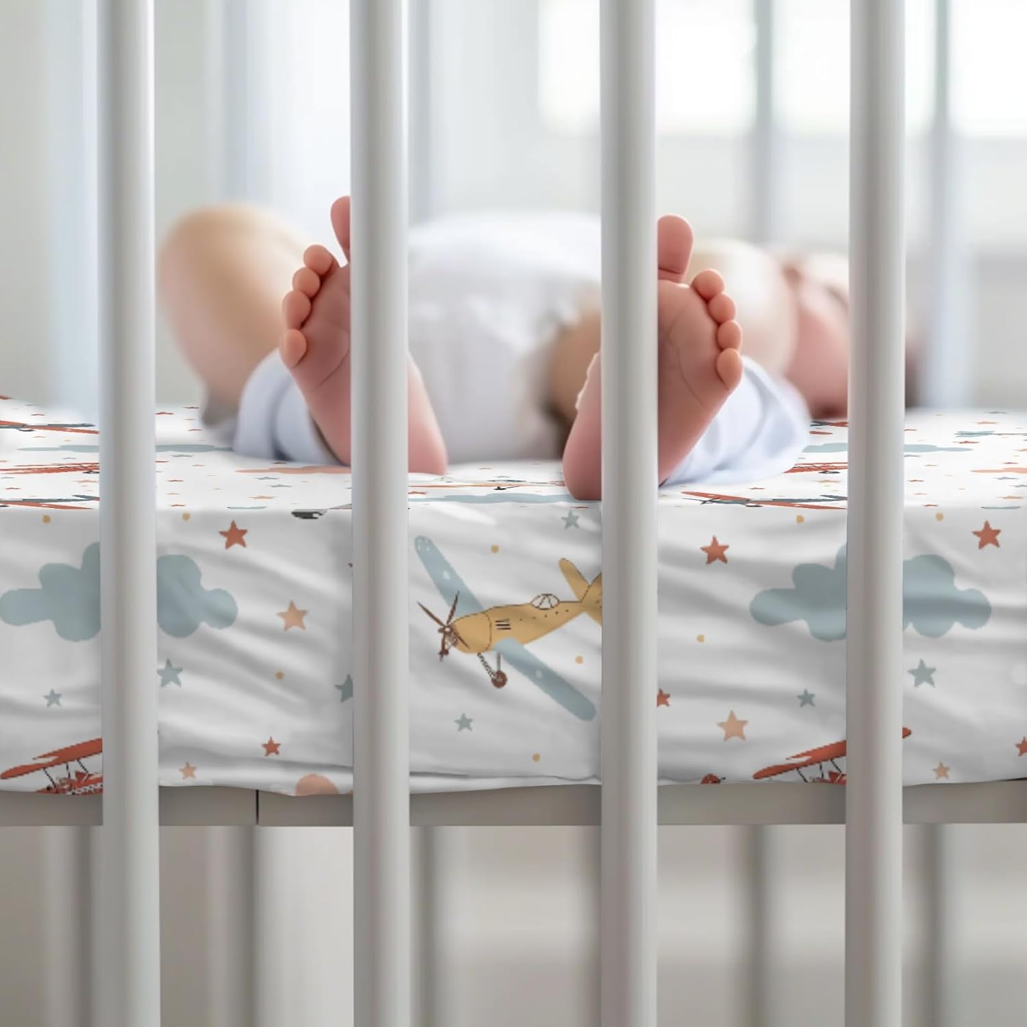 Cartoon Planes Clouds Stars Pattern Baby Sheets for Crib, Unisex Plane Nursery Fitted Bed Sheet for Boys Girls Standard Crib and Toddler Mattress-28x52