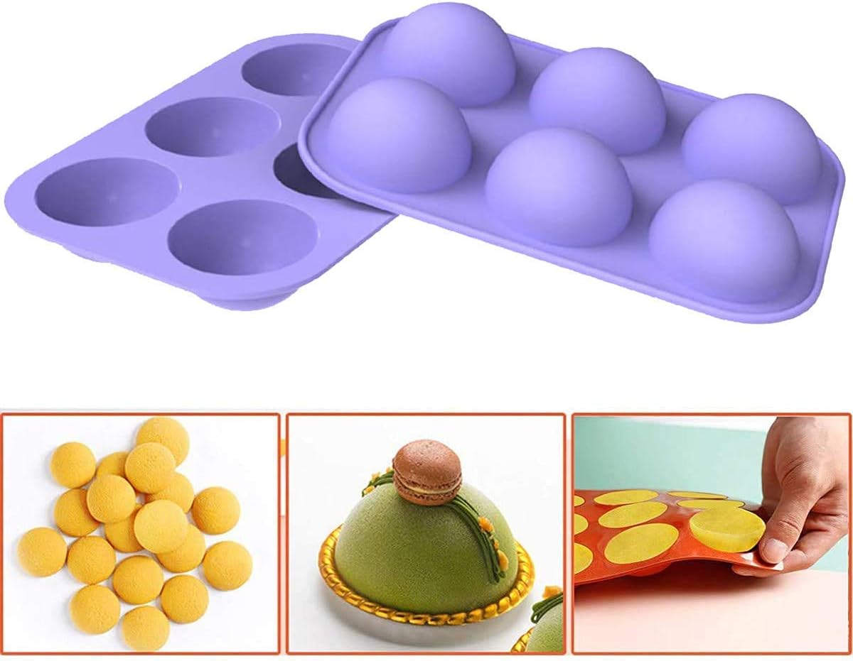 6 Holes Semi Sphere Silicone Mold, Baking for Making Hot Chocolate Bomb, Dome Mousse，Cake, Jelly (2pcs Purple)