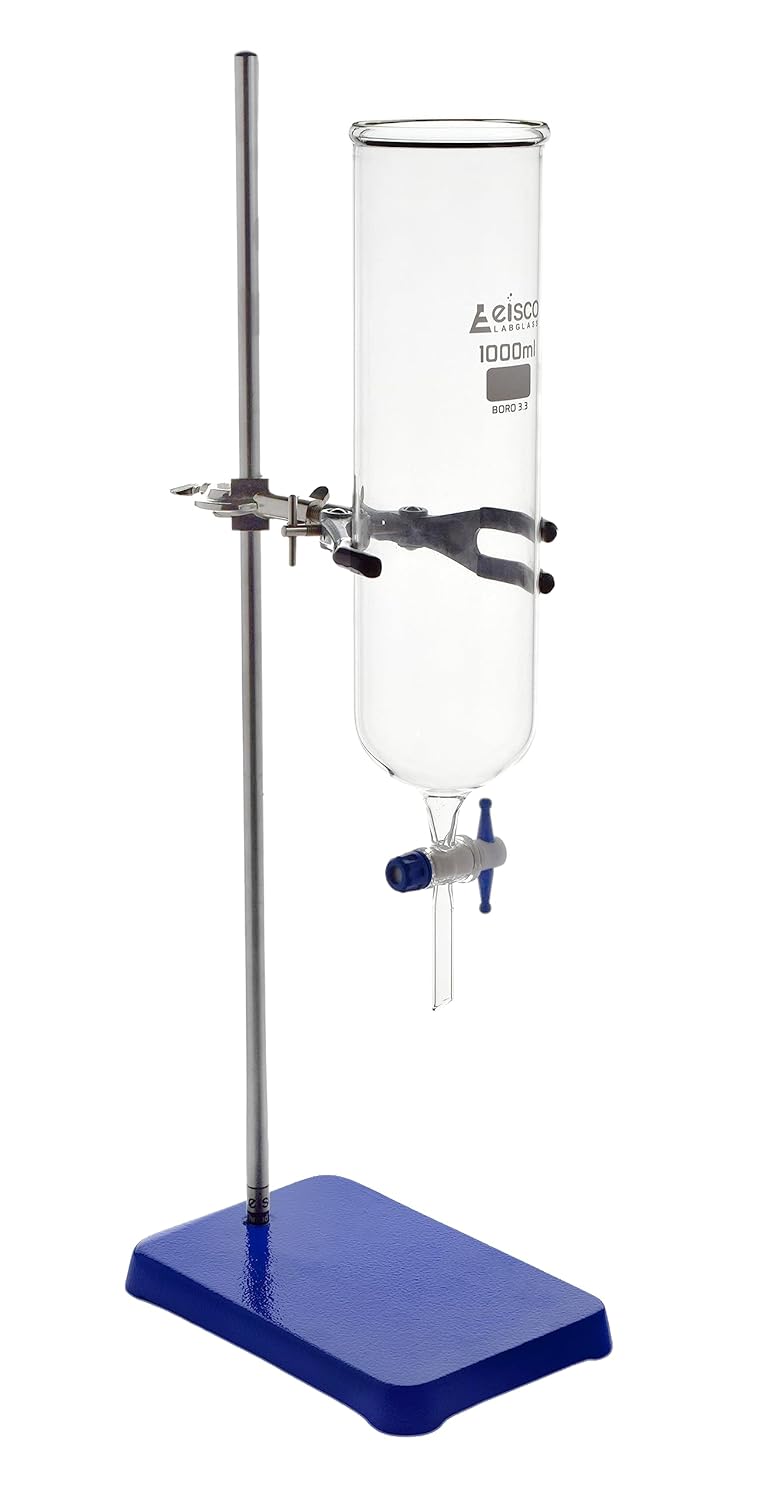 EISCO 1000mL Dropping Funnel with Laboratory Support Stand - Includes Glass Dropping Funnel, 6 lb Metal Retort Base & Rod, Clamp with Bosshead