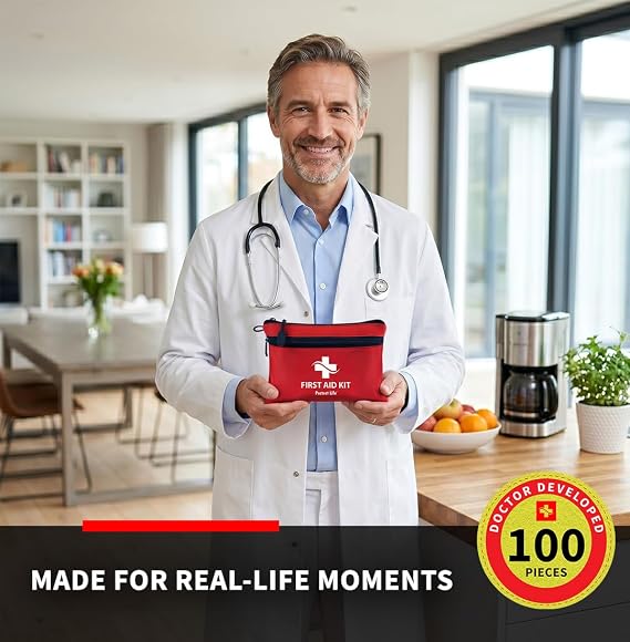 Protect Life Doctor Developed Mini First Aid Kit, 100 Piece Waterproof Emergency Kit for Car, Boat, Camping & Travel, Includes Emergency Blanket & First Aid Guide