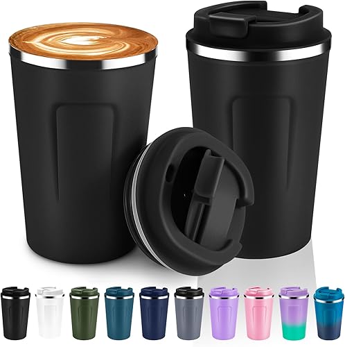 Miniatura 43 de Volhoply Taza de café de viaje con aislamiento al vacío de 12 oz de doble pared con tapa abatible, taza de café reutilizable de acero inoxidable a