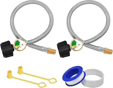 ABYDA 20 Inch RV Propane Hoses with Gauge 2 Pack, Stainless Steel Braided Camper Tank Hose, RV Propane Hose for Standard Two-Stage Regulator, 40Lb 250PSI, 1/4" Male NPT/QCC1 Type1 Inlet