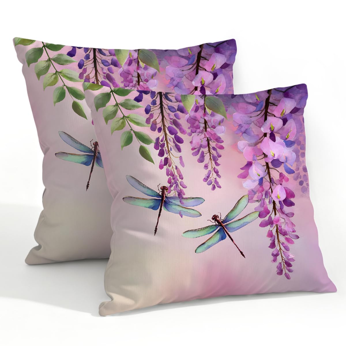 Outdoor Pillow Covers Waterproof Pillowcases 22x22in Set of 2 Purple Wisteria Floral Vines Dragonfly Decorative Throw Cushion Case for Couch Sofa Garden Patio Furniture