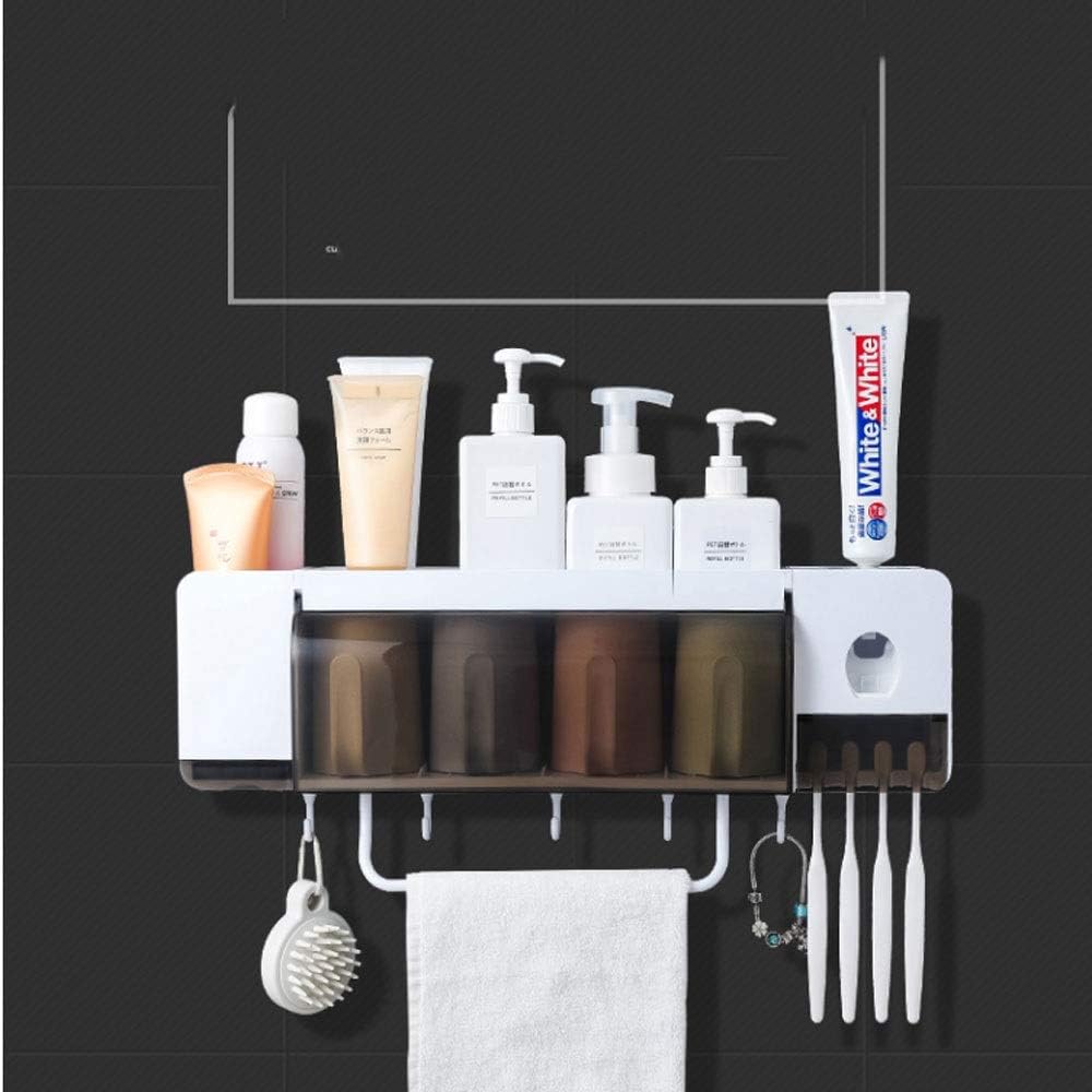 JKIUH Toothpaste Dispenser Bath, Bathroom Storage Rack | Wall-mounted Vanity Stand | 4 Cups | 4 Toothbrush Compartments | Enclosed Shelves | More Than 10 Storage Spaces
