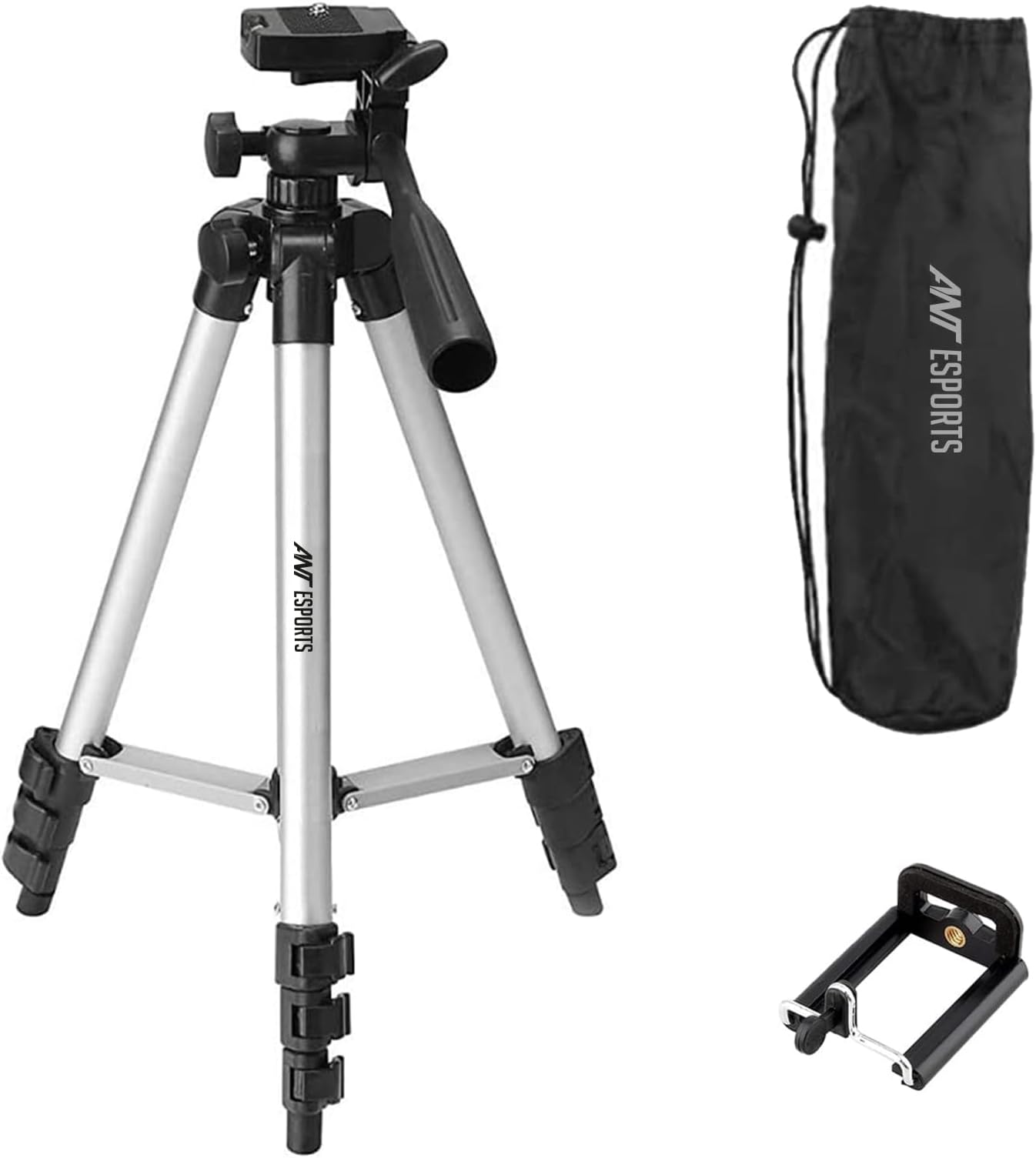 Ant Esports CATS01 Adjustable Aluminium Alloy Tripod Stand Holder for Mobile Phones & Camera, 360 mm -1060 mm (42 Inch), 1/4 inch Screw with Level Tester, Mobile Holder Bracket and Carry Bag.