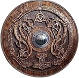 Antique Aura Mittelalterliche Wikingerschild Runenornamente geschnitztes Design Braun Norse Knight Battleworn Holz & Eisen 61 cm Schild für Rollenspiele & Cosplay, Standard