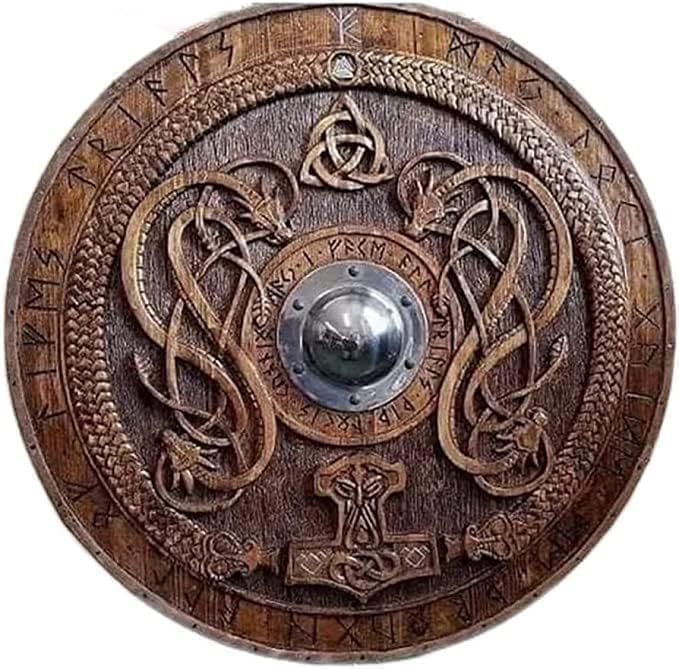 ANTIQUE AURA Medieval Viking Shield Runic Ornaments Carved Design Brown Norse Knight Battleworn Wood & Iron 24 inches Shield for Roleplay & Cosplay, Standard