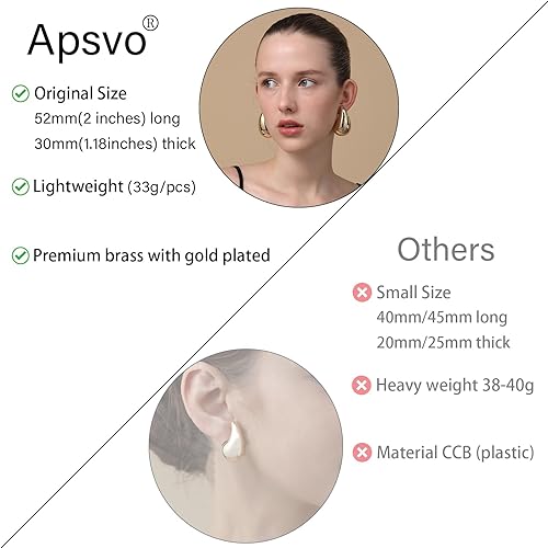 Miniatura 4 de Apsvo - Aretes de aro gruesos chapados en oro de 14 quilates para mujer, ligeros, con forma de gota de agua, abiertos y huecos, hipoalergénicos,