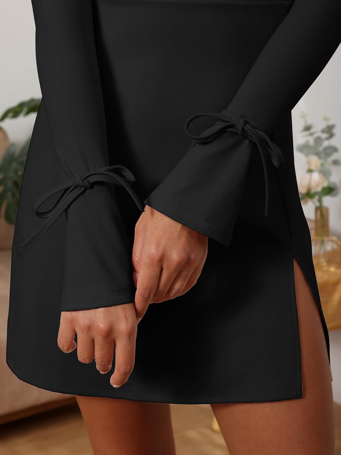 Women's Sexy Square Neck Bodice Dresses Long Sleeve Side Slit A-Line Mini Dress Cocktail Party Club Dress - Image 5