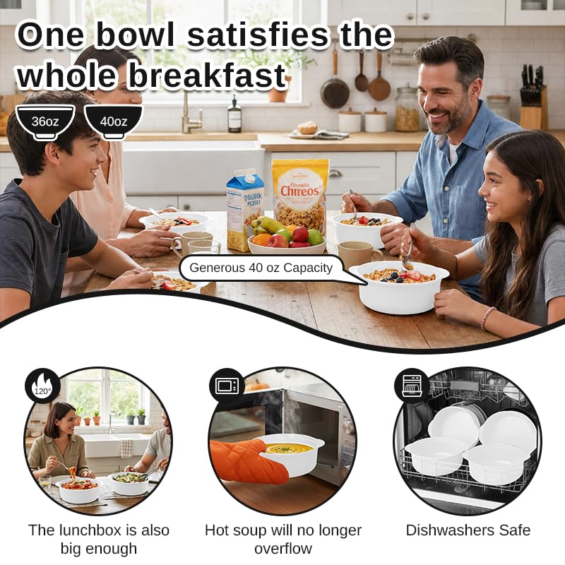 Image of White 40oz Cereal Bowls with lid set of 4,Microwave Safe,Family&Camping