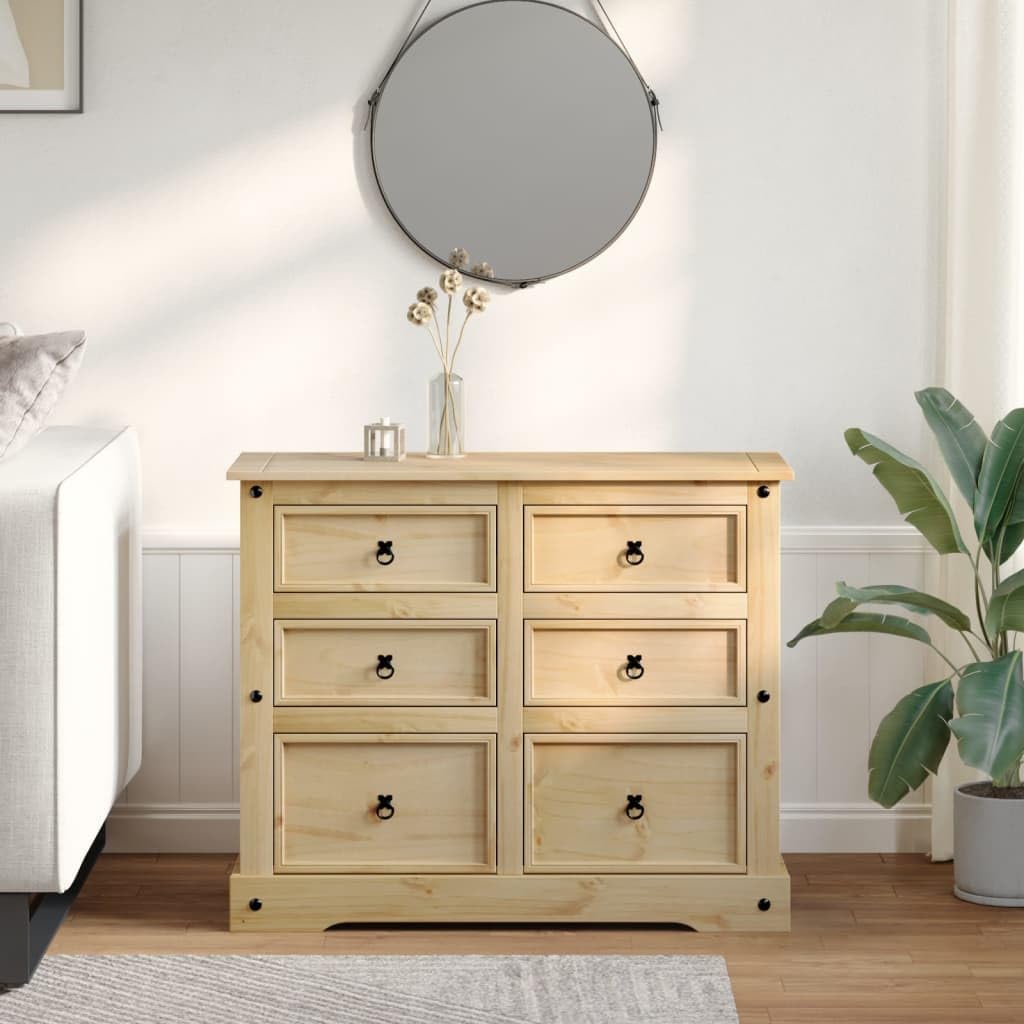 Komoda Corona z litego drewna sosnowego z 6 szufladami 110 x 43 x 91 cm, metalowe uchwyty, wszechstronne miejsce do przechowywania do salonu, sypialni, korytarza, łatwa w pielęgnacji i