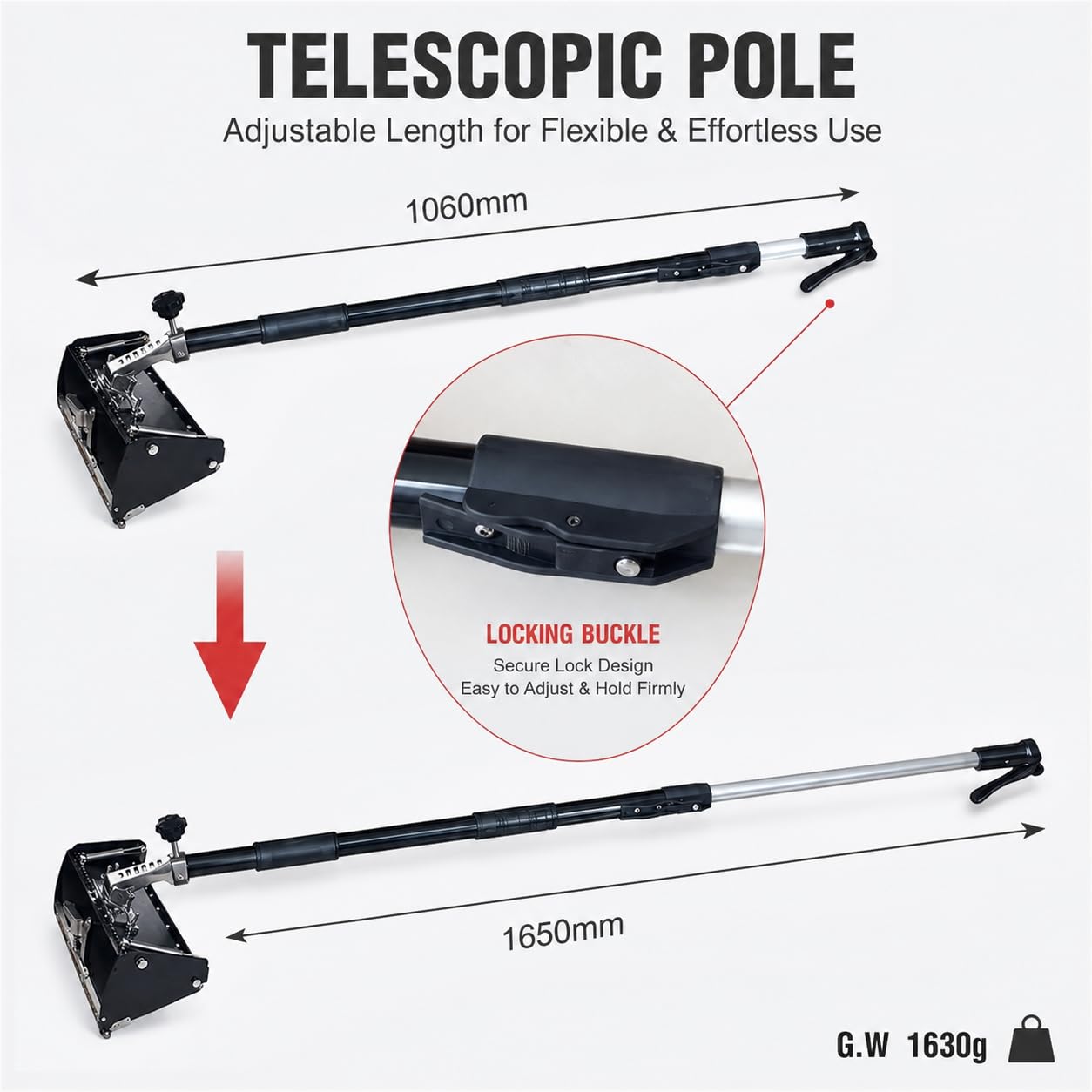 Zestaw narzędzi do wykańczania płyt kartonowo-gipsowych z teleskopowym uchwytem 106-165 cm, 25 cm | Zawiera trzy płaskie skrzynki ze stopu aluminium z podwójnymi sprężynami i regulacją kąta 120° do ścian i sufitów.
