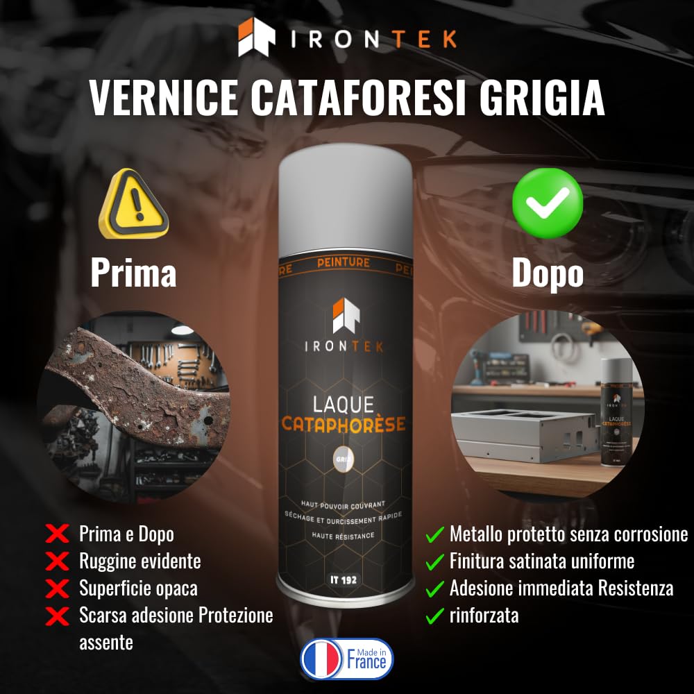 Vernice Spray Antiruggine Telaio - IRONTEK - 400 ml | IT192 | Grigio Cataforesi | 3 in 1 Primer Fondo | Asciugatura Rapida 20 min