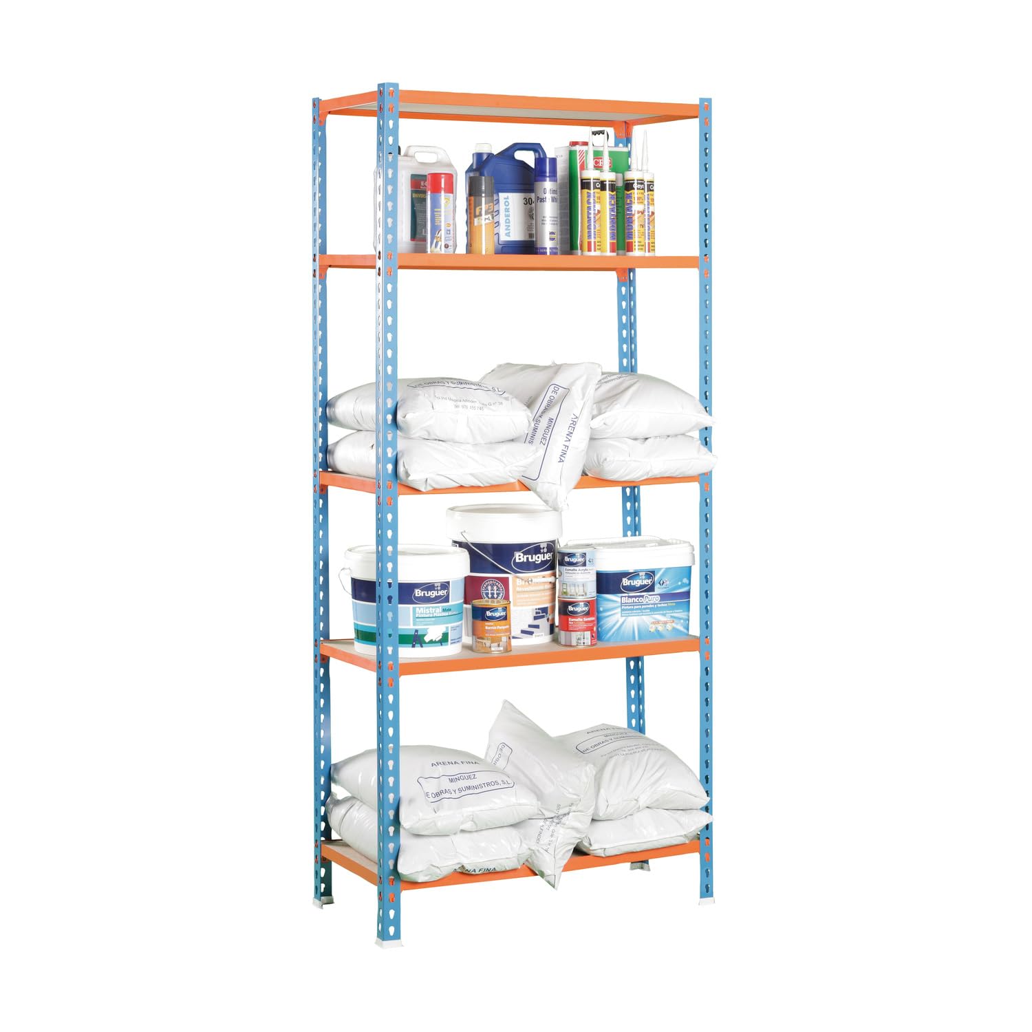 SimonRack Estanteria Metalica, 5 Baldas Madera Ajustables, 200 kg de Punto Flexión, 2000x1200x500 mm, Estantería Almacenaje, Sin tornillos, Azul/Naranja/Madera - Maderclick | 5 Alturas, Bandeja Madera, 200 kg de Punto Flexión, Azul/Naranja , Pintura antic