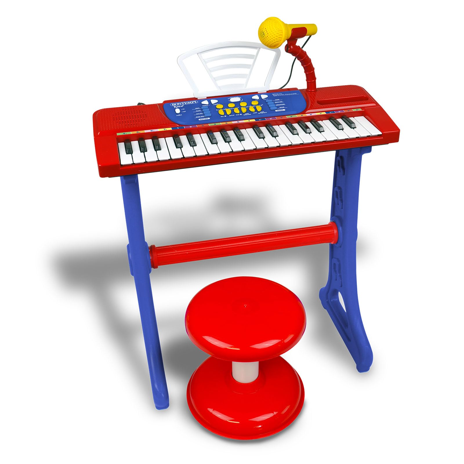 Bontempi | MiniKeyFun - Tastiera Giocattolo a 37 Tasti per Piccoli Musicisti con Microfono, Sgabello e Leggio, Blu e Rosso, 54,4x32,9x15,9 cm