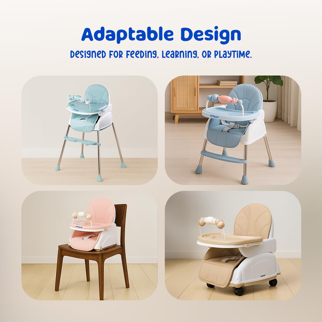 BUMTUM Baby Luxury High Chair 4 in 1 Convertible Folding with Footrest, Convertible to High Chair, Low Chair, & Feeding Seat with Cushion pad - Tan - Image 9 thumbnail