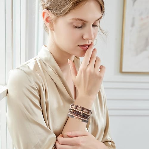 Miniatura 6 de GOOJIDS - Pulseras de cuentas de arcilla estilo heliosis surfista para mujer, con discos de vinilo y dije de mal de ojo, apilables, pulseras