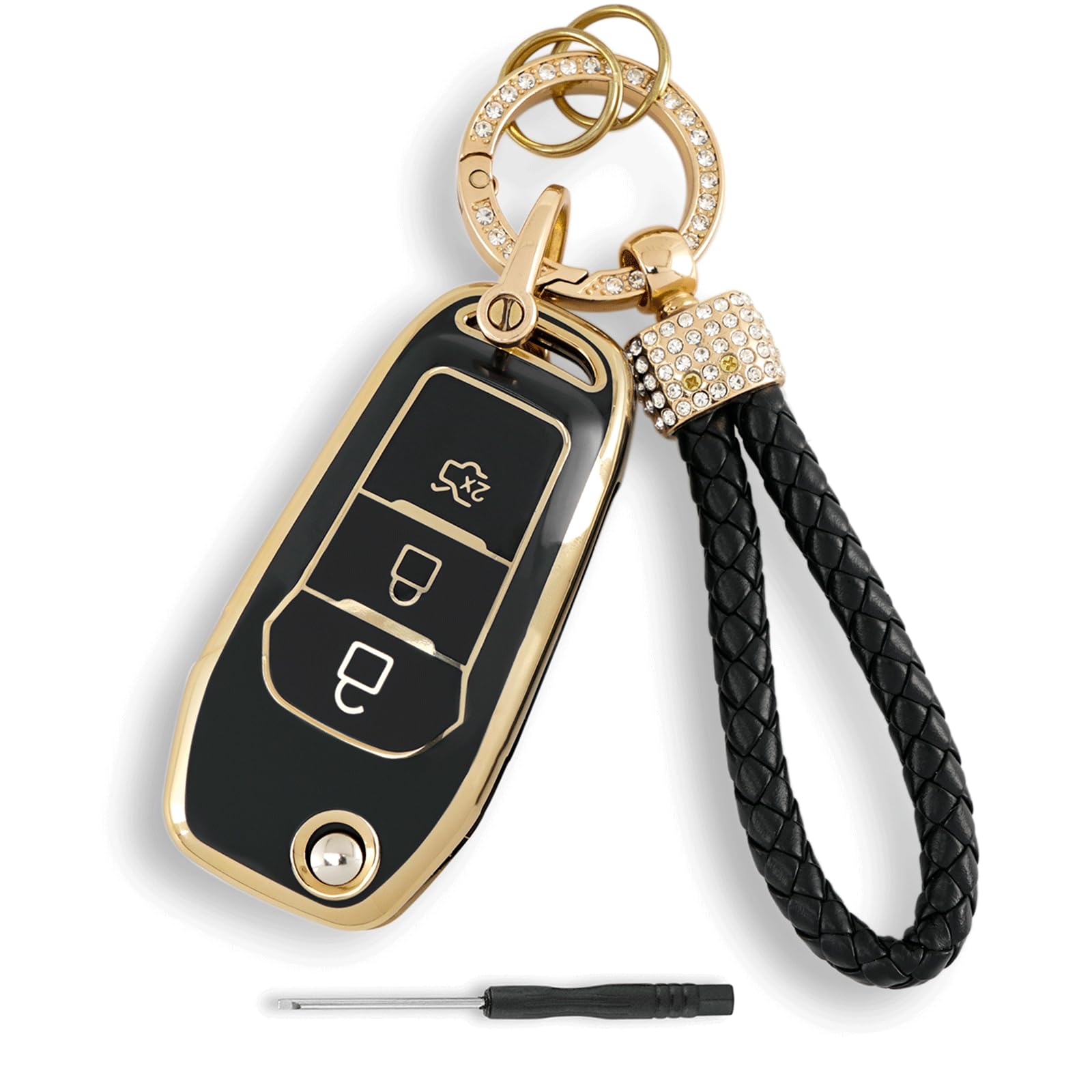 GLOUVDEYZ For Ford Fusions Fiesta Focus Galaxy Mustang S-Max KA Mondeo Puma Transit/Tourneo Connect Courier Custom TPU 3 Buttons Key Fob Cover (Black) with Screwdriver and Diamond lanyard