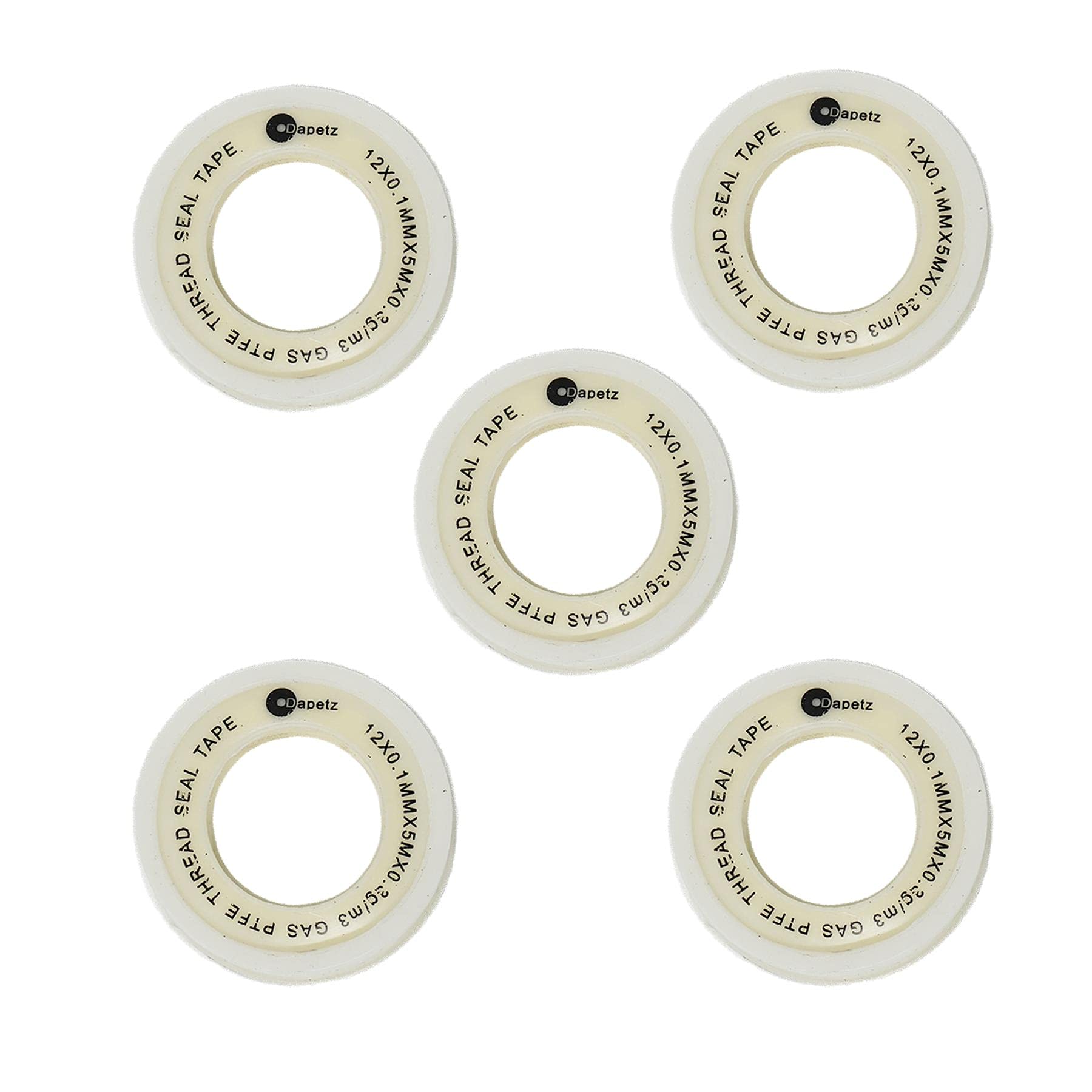 Dapetz® 5 x PTFE Gas Thread Sealing Tape - 12mm x 5m White Teflon Tape, Thicker Than Standard PTFE, Prevents Bi-Metal Corrosion for Gas Fittings — image 1