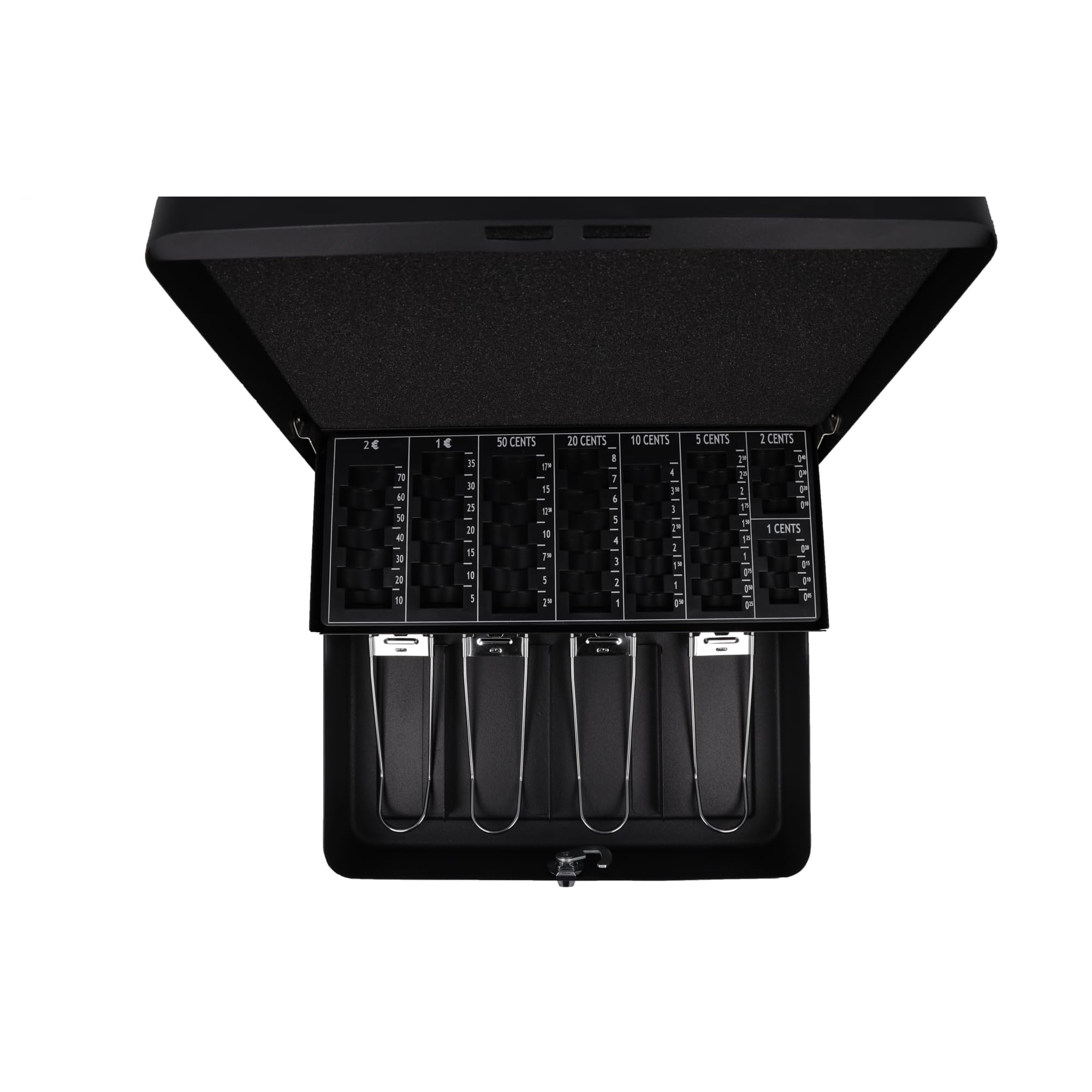 Westcott E-51003 E-51003 - Caja de caudales con cerradura cilíndrica (con 2 llaves, 4 compartimentos para billetes y tabla de conteo de monedas, 30 cm), color negro