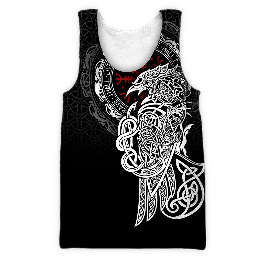 Tqwsvum Unisex Raven B Men's Viking Crow Tank Tops Sleeveless Tee,Norse Myth Odin Fenrir 3D Digital Print Vest Harajuku Casual Shirt(,M)