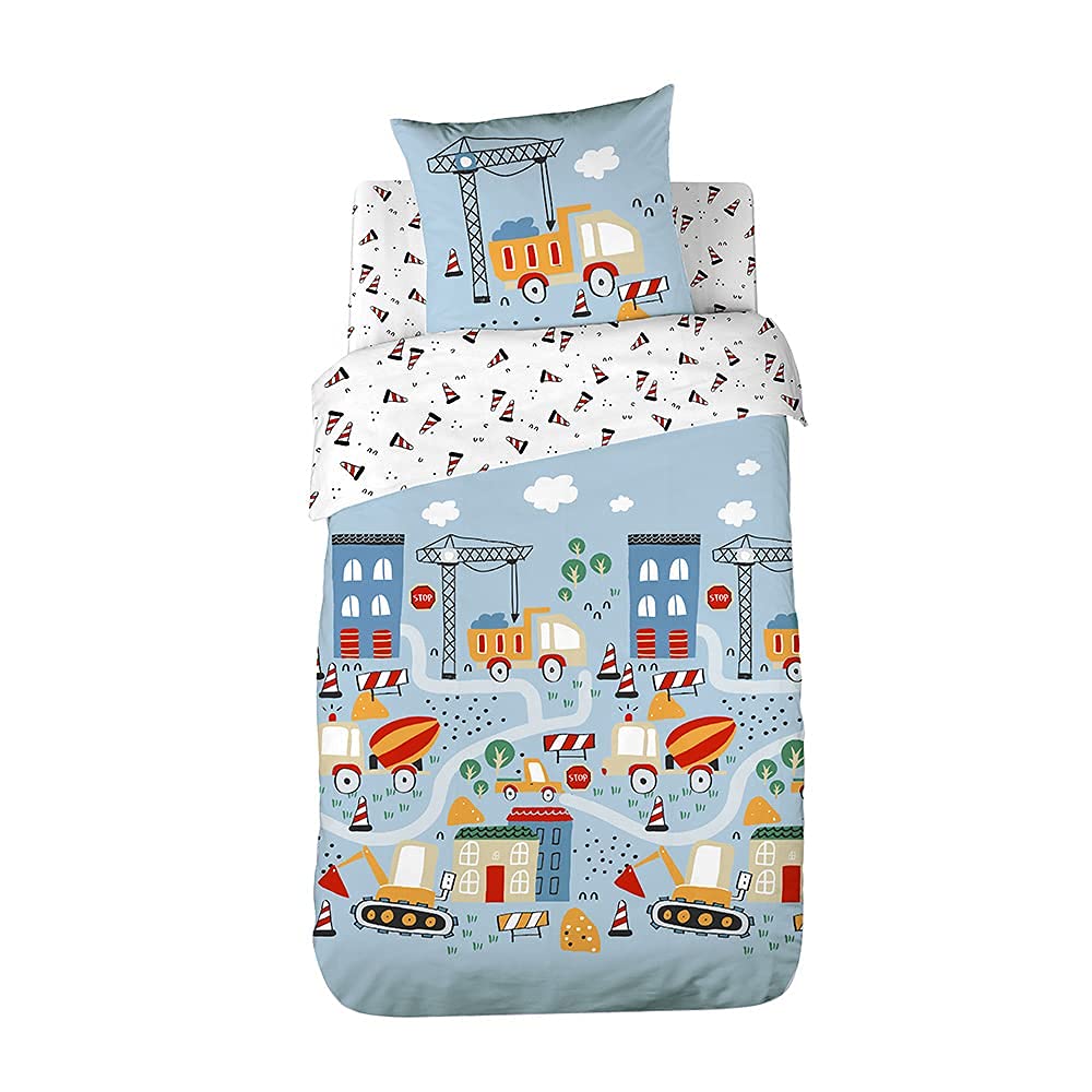 CÔTE DECO Parure da letto per bambini, reversibile, camion e trattore, blu, copripiumino 140 x 200 cm + 1 federa 63 x 63 cm, 100% cotone