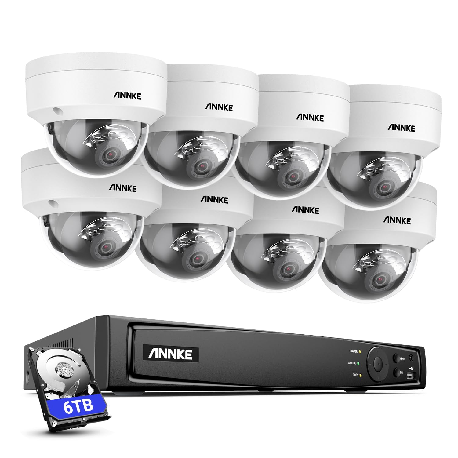 ANNKE Kamera do monitoringu 4K, zestaw zewnętrzny, 8 x 8 MP PoE IP kamera monitorująca z inteligentnym rozpoznawaniem osób i rozpoznawaniem pojazdu, 8 CH PoE NVR z 6 TB HDD do monitoringu wideo 24/7