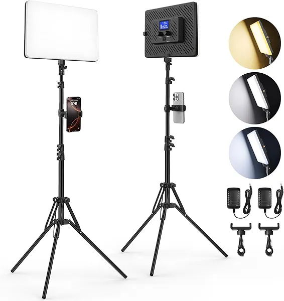 Led Video Light Panel Lighting Kit, QEUOOIY 2-Pack Bi-Color Photography Lighting with 63'' Tripods Stand, Built-in 8000mAh Battery, 2500-8500K Studio Light for Live Streaming/Outdoor Indoor/Tiktok