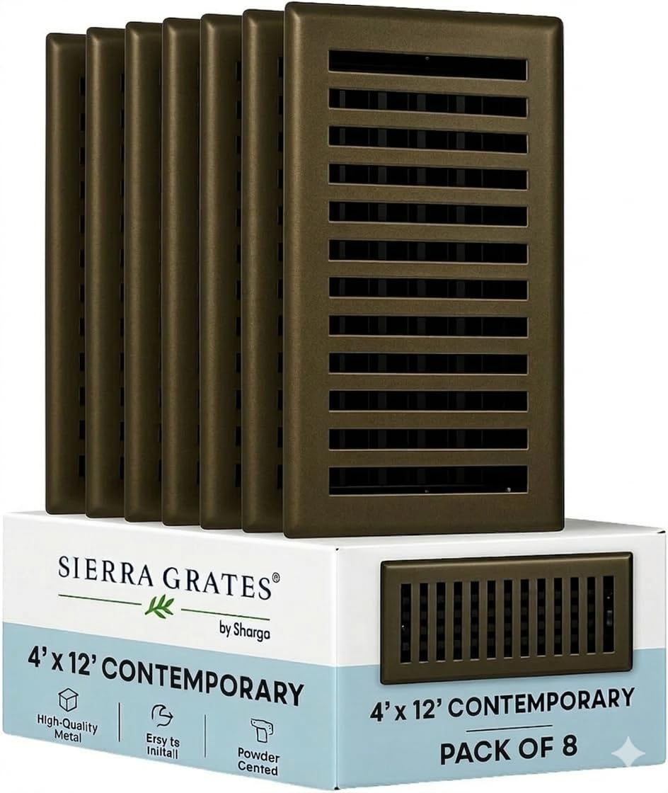 Bodenregister aus Stahl, modernes Design, 10,2 x 30,5 cm, Metallic-Bronze-Finish, dekorative Lüftungsschlitz-Abdeckungen, Bodenregister 10,2 x 30,5 cm, 8 Stück