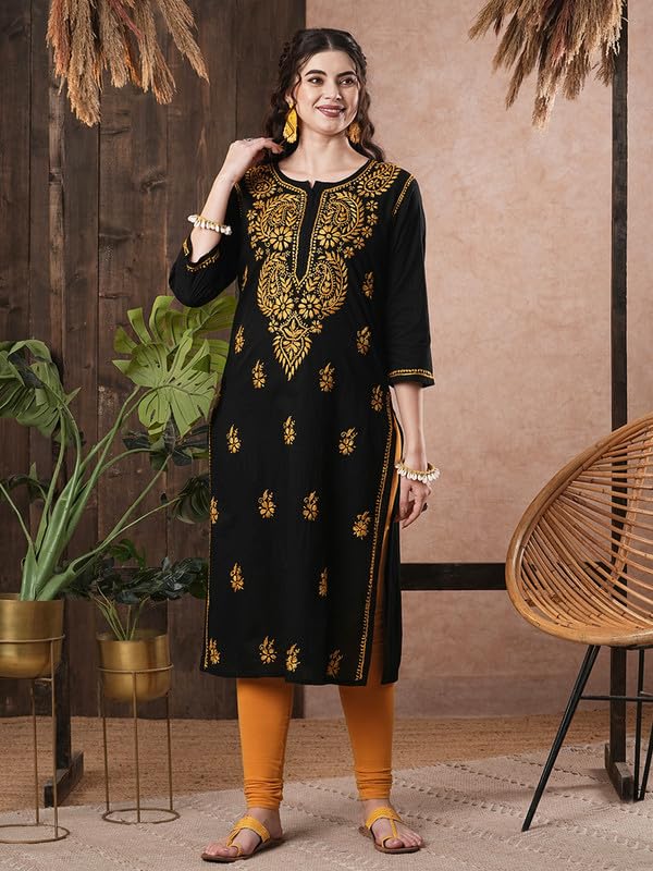 Image of Ada Hand Embroidered Lucknowi Chikankari Cotton Kurta Kurti for Women A411191