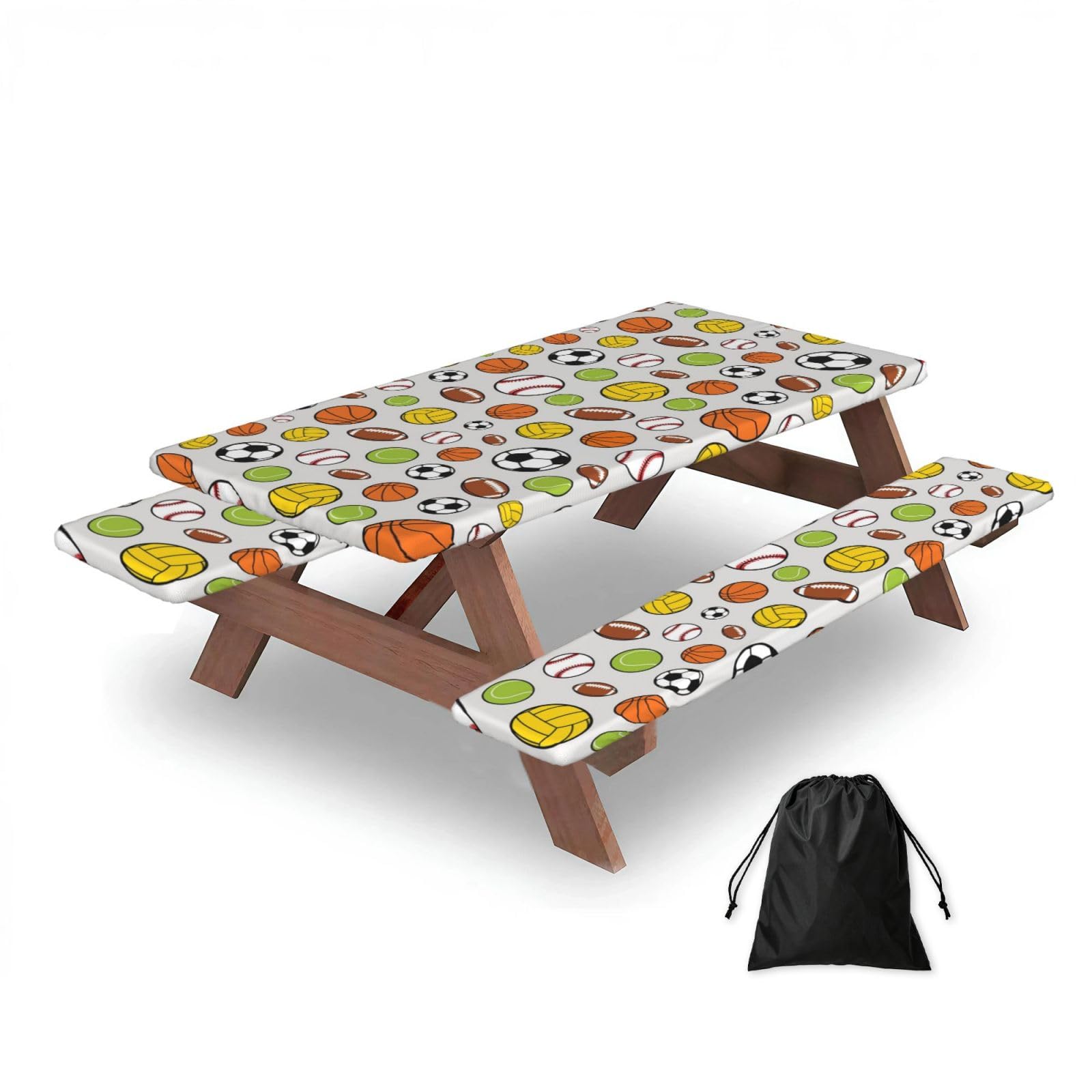 Dopklna As Picture Soccer Baseball Ball, Picnic Table Cover With Bench Covers -Waterproof Elastic Fitted Tablecloth For Garden Camping Patio 76X152cm