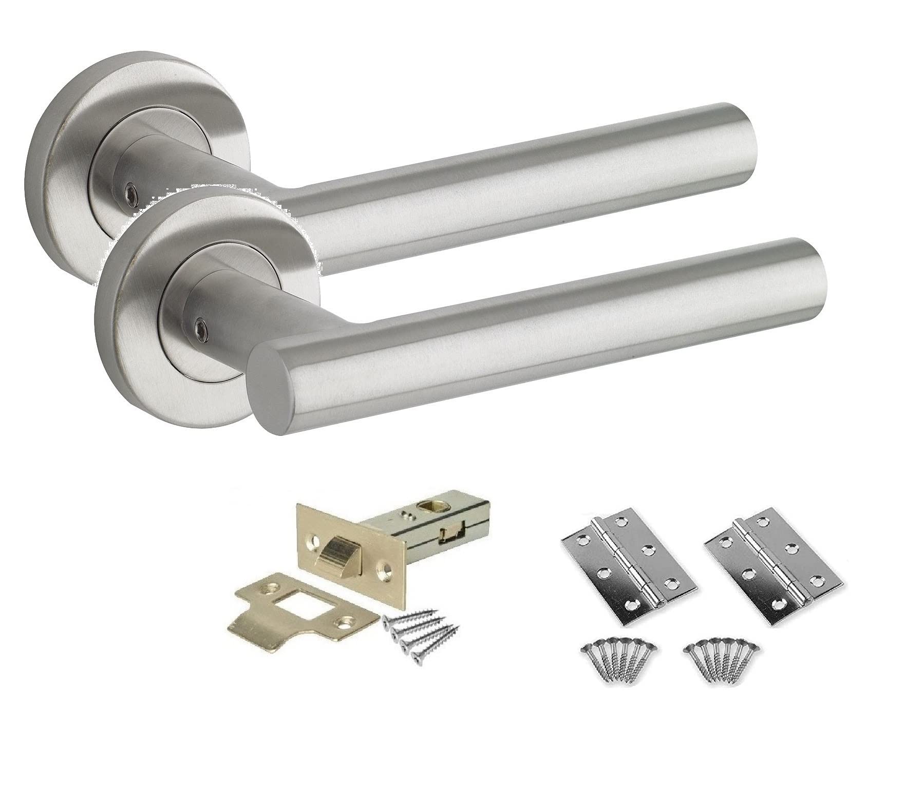 B&Q -  1 Set Straight T-Bar Door Handle Stainless Steel Satin Nickel Finish With Tubular Latch & Hinges