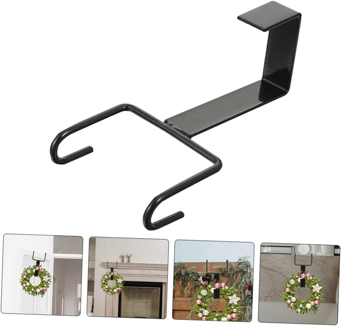 4pcs Black Over The Door Wreath Hangers Double Hook Wrought Iron Door Garland Hangers for Front and Glass Seasonal Holiday Decoration