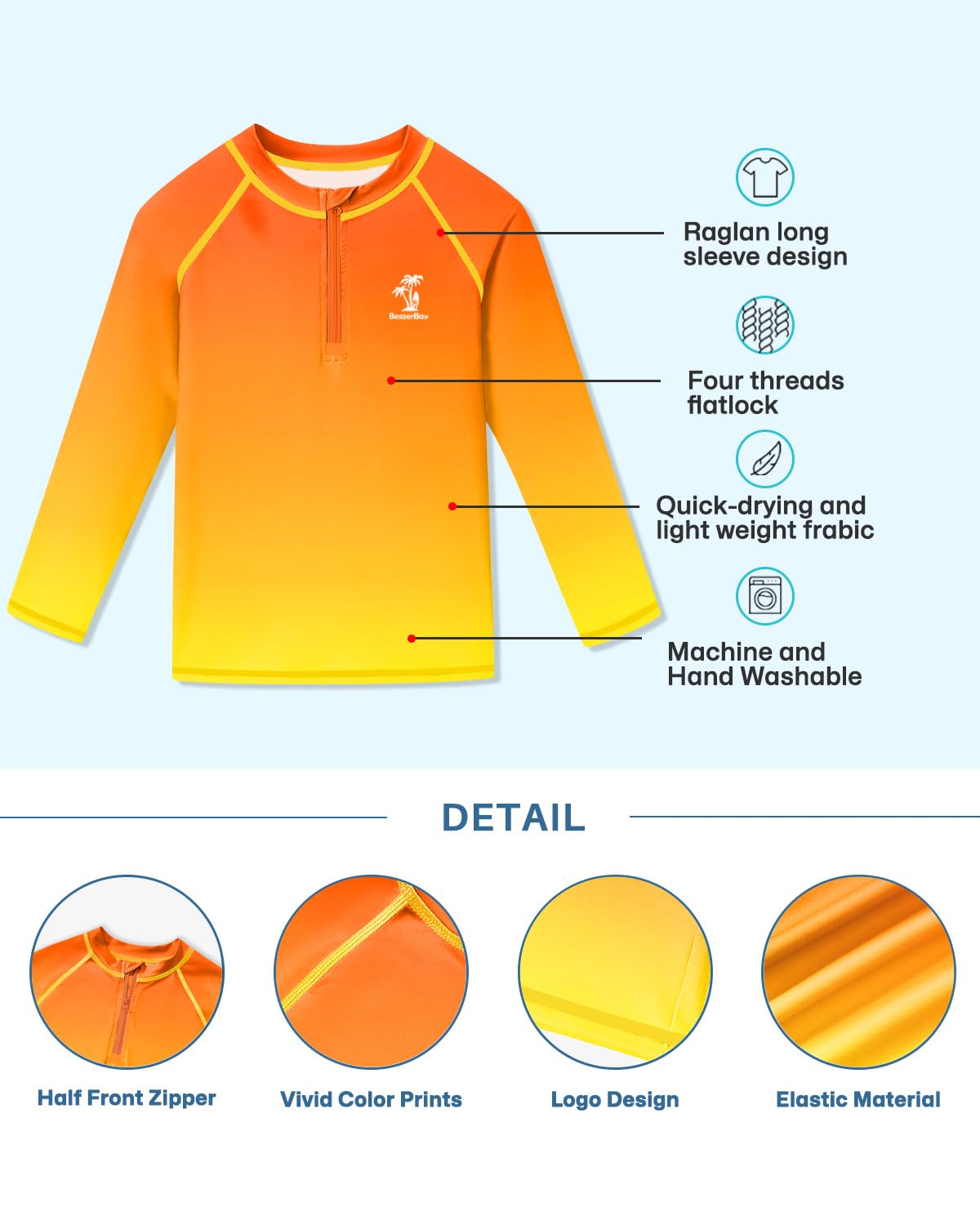 BesserBay Camiseta de natación de manga larga raglán con media cremallera UPF 50+ para niños de 4 a 12 años
