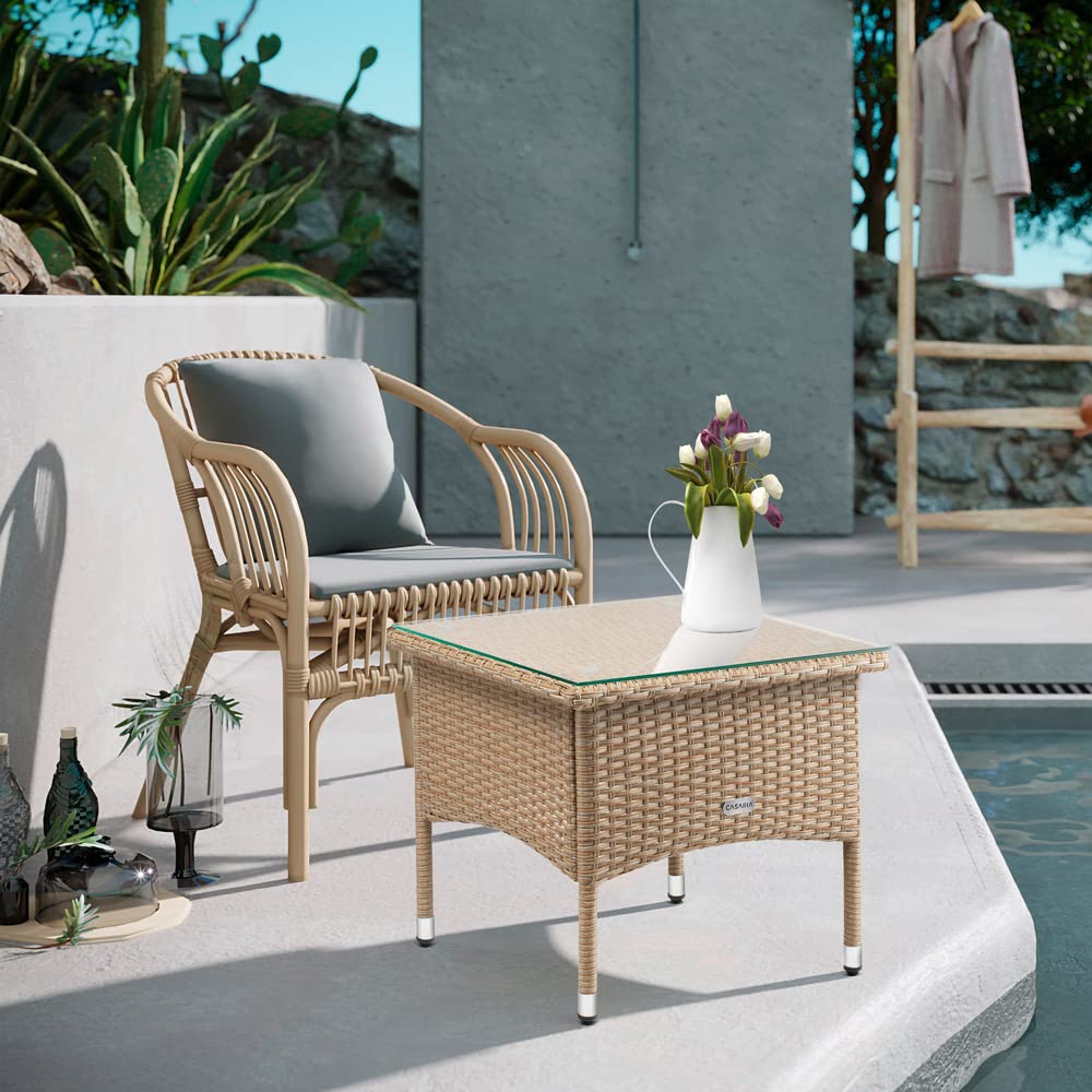 CASARIA® Mesita de Centro Poliratán 50x50x45cm Carga hasta 80Kg Mesa Auxiliar Jardín Ajustable en Altura Tablero Vidrio Resistente Intemperie Crema